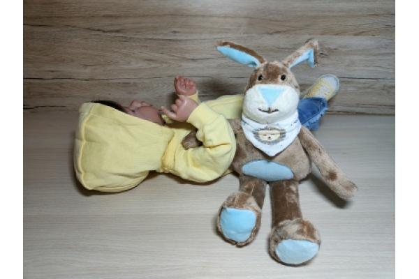 Plueschtier-Hase-Hellbraun-Hellblau-sitzend bei Baby